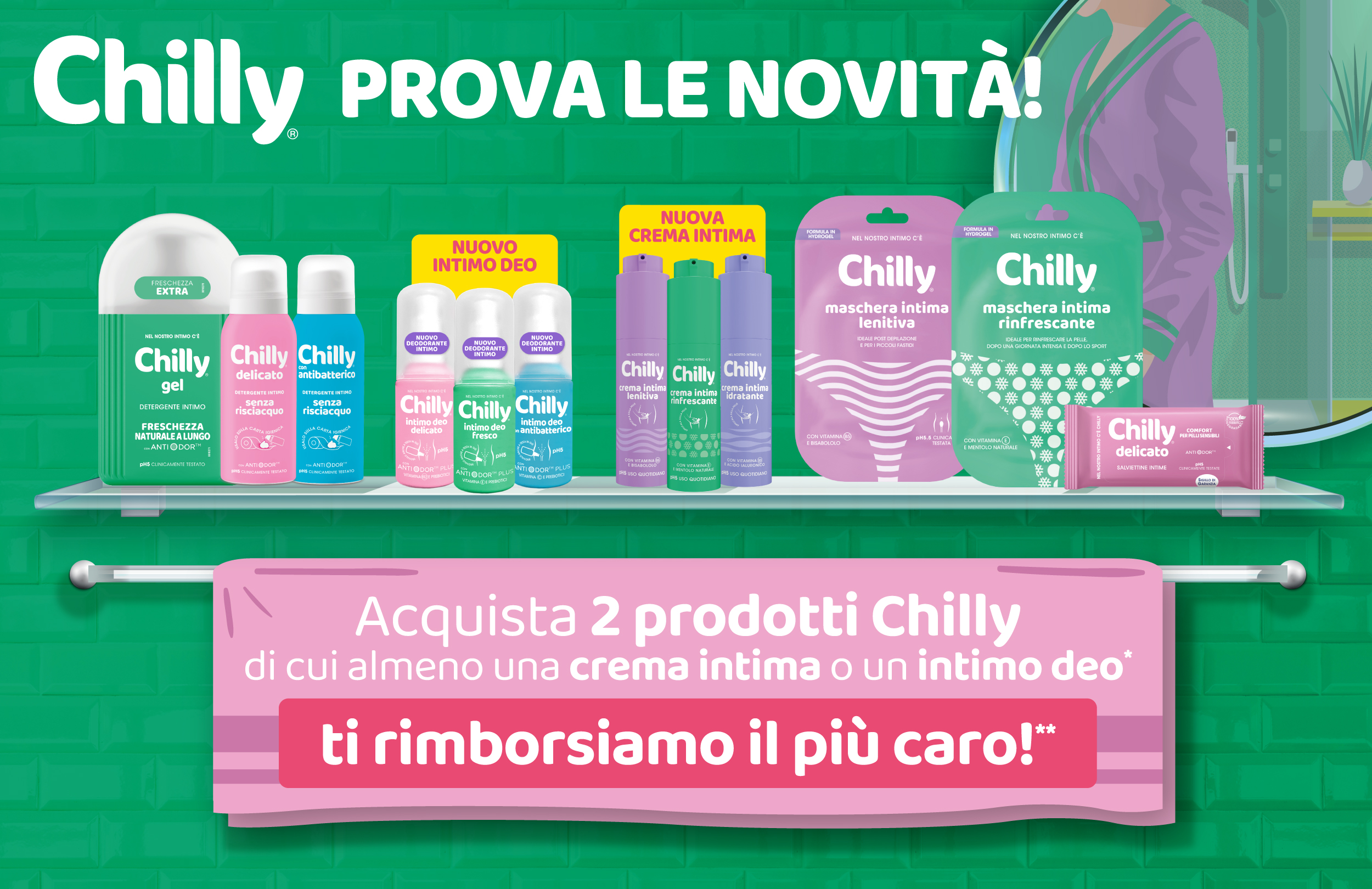 Immagine desktop che spiega la meccanica del concorso: Con l'acquisto di 2 prodotti Chilly di cui almeno 1 deodorante o crema, ricevi il rimborso del più caro fino ad un massimo di 9,99€