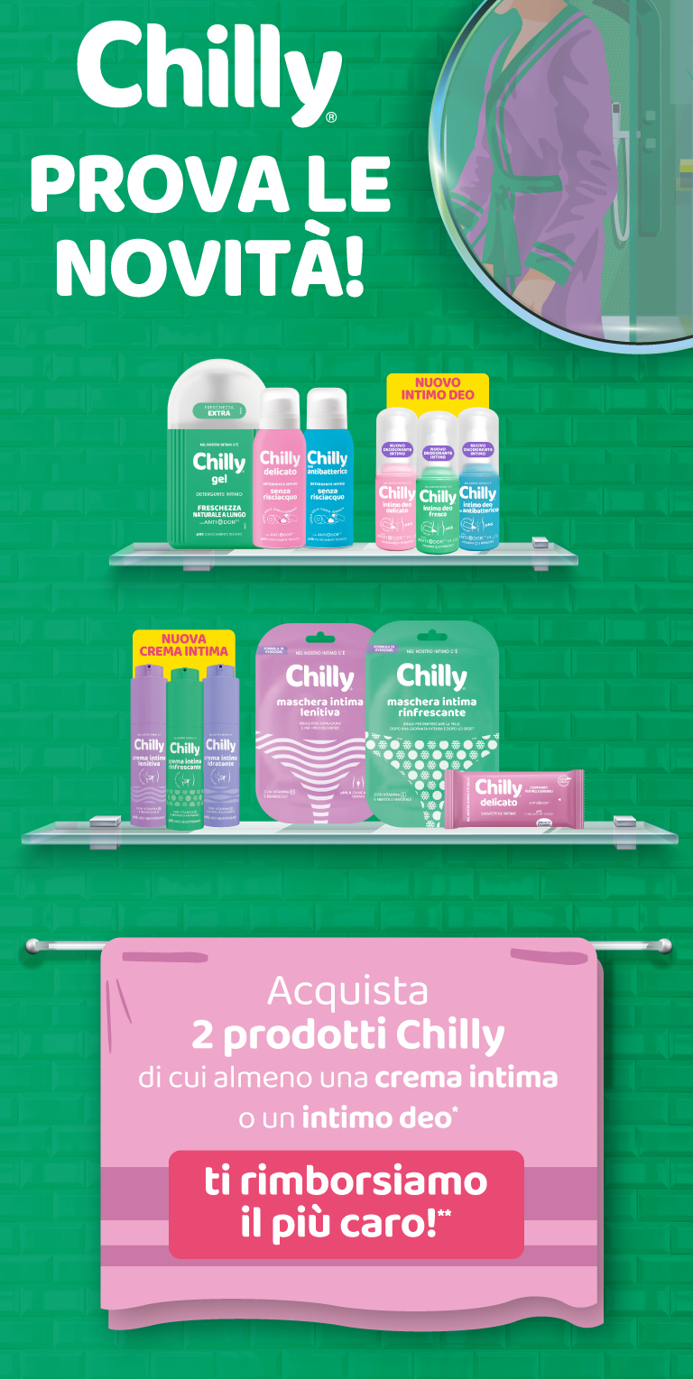 Immagine per smartphone che spiega la meccanica del concorso: Con l'acquisto di 2 prodotti Chilly di cui almeno 1 deodorante o crema, ricevi il rimborso del più caro fino ad un massimo di 9,99€