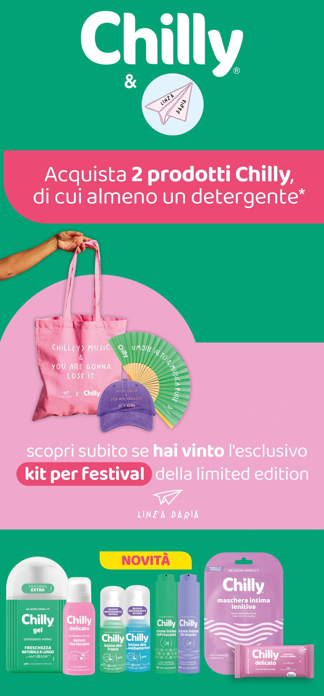 Immagine per smartphone che spiega la meccanica del Concorso Vinci l'iconico kit da festival: Con l'acquisto di 2 prodotti Chilly di cui almeno 1 detergente puoi vincere un festival starter pack